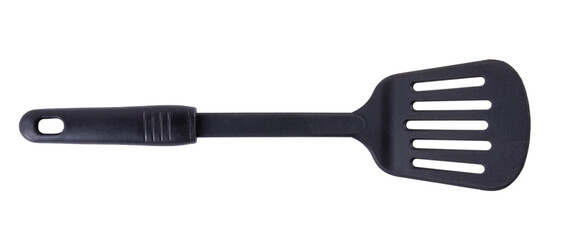 Black plastic kitchen spatula isolated on white background