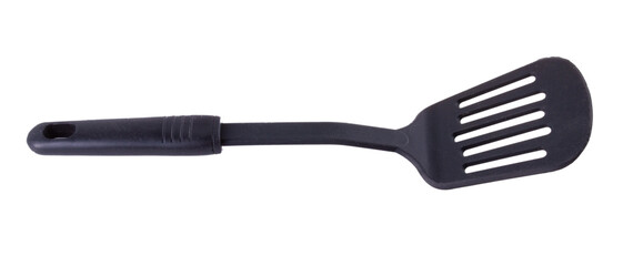 Black plastic kitchen spatula isolated on white background