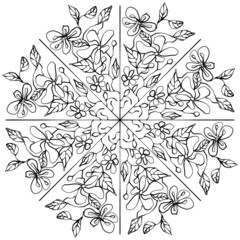 Round monochrome pattern of abstract flowers and leaves.