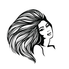 Hair salon and beauty studio illustration.Long, wavy hairstyle woman with elegant makeup.Cosmetics and spa icon isolated on light fund.Young lady portrait.Beautiful model face.Luxury,glamour style.
