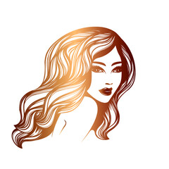 Hair salon and beauty studio illustration.Long, wavy hairstyle woman with elegant makeup.Cosmetics and spa icon isolated on light fund.Young lady portrait.Beautiful model face.Luxury,glamour style.