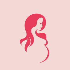 Beautiful pregnant lady with long, wavy hair flowing.Mother vector icon.Maternity illustration isolated on light background.Profile view woman.