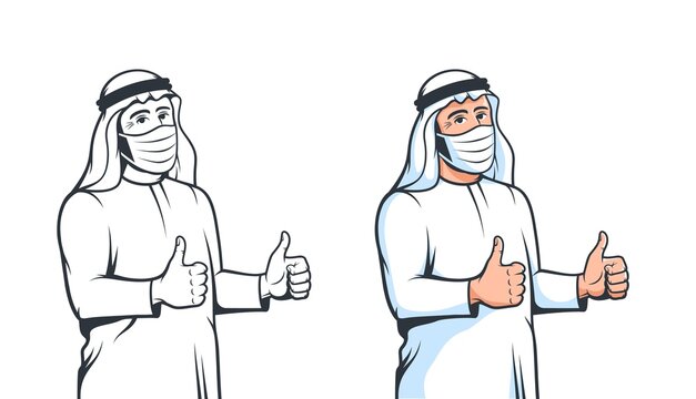 Arabian man in medical mask thumbs up in retro style. Arab muslim wearing faсe mask with hand positive gesture. Ok sign. Vector isolated cartoon illustration.