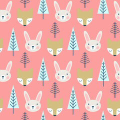 Cute hand drawn nursery seamless pattern with wild animals in scandinavian style. Vector illustration.