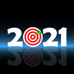 2021 target. 2021 year. New Year. Desires. Objectives. Darts, game. Black background, neon lighting, contrast.