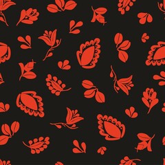 Tile vector pattern with seamless red floral print on black background