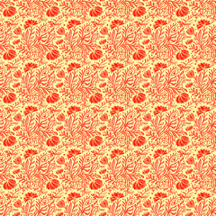 Light red seamless floral pattern. Repeating background with simple abstract watercolor bouquets with flowers and leaves. Hand drawn decor for fabric print or wallpaper. 