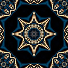 abstract background in dark blue with gold fractal ornament in a circle and a beautiful gold color star in the center