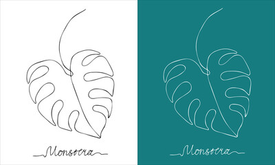 A minimalistic image of a monstera leaf drawn by hand in one line. Vector illustration isolated on white background in lineart style