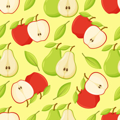 Seamless pattern with apples and pears on background. Half ripe apple and pear. 