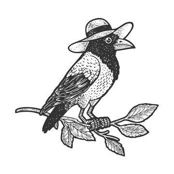 crow in hat sketch engraving vector illustration. T-shirt apparel print design. Scratch board imitation. Black and white hand drawn image.