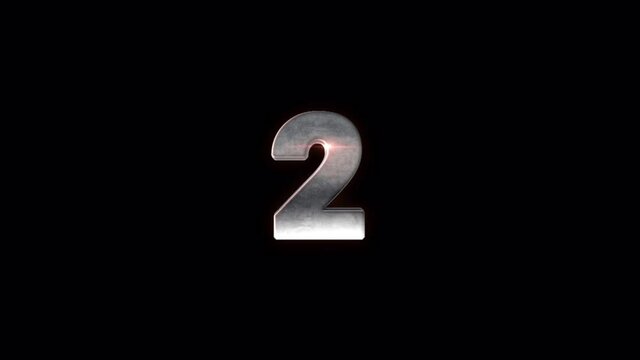 Animation silver Text countdown from 10 to 0 on black background.
