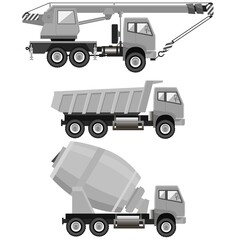 Construction machinery set. Mobile crane. Concrete mixer. Dump truck. Vector illustration. Isolated on white background. Color grey.