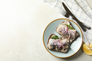 Plate of sandwiches with fresh herring fish on white textured background