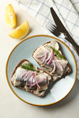 Plate of sandwiches with fresh herring fish on white textured background