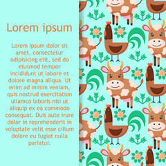 Farm animals seamless pattern. Collection of cartoon cute baby animals. Cow, chicken. Flat vector illustration isolated.