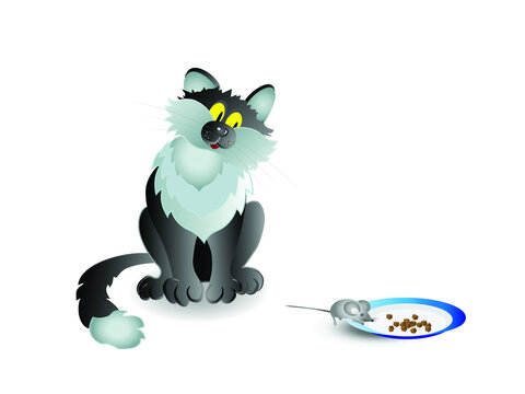 A cute gray cartoon cat sits and looks in surprise as the mouse eats food from his plate. Vector illustration.