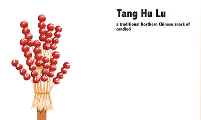 Set of Tang Hu Lu with stand, Jujube coated in a hardened sugar syrup. Hand drawing close up vector illustration on white background.