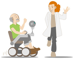 車椅子のシニア男性と話す女性医師