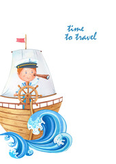 Watercolor card little captain at the wheel on ahoy wooden ship.Cute cartoon sailor boy looks through a telescope.