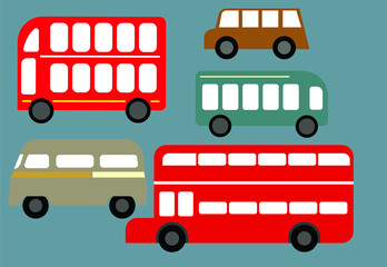 vector set of buses. set of buses of different types and colors.