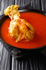 Kakik is a Guatemalan stew made with turkey leg  also contains tomatoes, tomatillos, onions, bell peppers, and variety of spices closeup in the plate on the table. Vertical