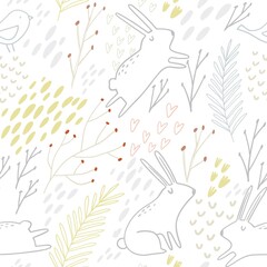 Hand drawn Autumn wild forest hand seamless pattern. Autumn botanical leaves, flowers, berries, trees and textures