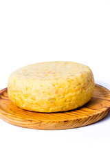 Spanish omelette on a wooden tray on white background