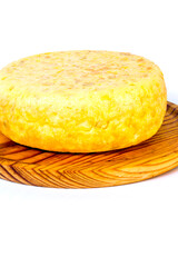 Spanish omelette on a wooden tray on white background
