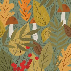 Hand drawn Autumn wild forest. Autumn botanical leaves, flowers, berries, trees and textures