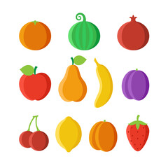 Set of isolated cartoon fruits on white background. Collection of colorful fruits. Flat design. For children product. Peach banana, strawberry, lemon apple, pomegranate, apricot cherry watermelon plum