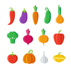 Set of isolated cartoon vegetables on white background. Collection of colorful vegetables. Flat design. For children product. Patisson, broccoli chilli pepper, carrot onion turnip, pumpkin cucumber.