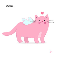 Cute cat with heart and wings. Vector illustration. Funny kitten useful for many applications, your designs, prints for apparel, greeting valentines theme card and invitation. 