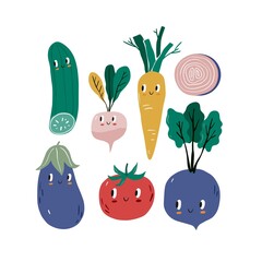 Summer print in modern style with your own vegetables. Hand drawn vegan vegetables poster. Cartoon vegetables character - Carrots, beets, tomatoes, cucumbers, radishes, asparagus