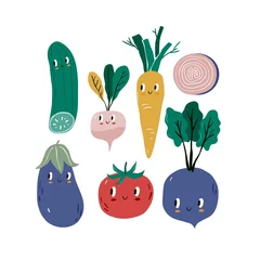 Sommerdruck im modernen Stil mit Ihrem eigenen Gemüse. Handgezeichnetes Poster für veganes Gemüse. Cartoon-Gemüsefigur - Karotten, Rüben, Tomaten, Gurken, Radieschen, Spargel © NadezdaBarkova
