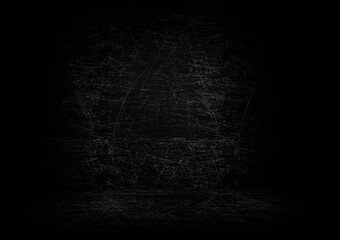 Dark black image of room with lots of scratches and lines on walls and floor 3d rendering