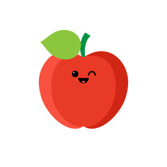 Isolated cartoon red apple with kawaii face on white background. Colorful friendly apple fruit with green leaf. Cute funny personage. Flat design. For children product.