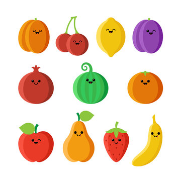 Set of isolated cartoon fruits with kawaii face on white background. Collection of colorful friendly fruits. Cute funny personage. Flat design. For children product.