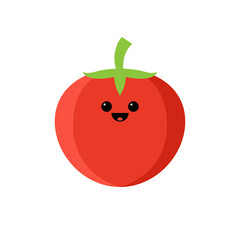 Isolated cartoon red tomato with kawaii face on white background. Colorful friendly tomato berry vegetable. Cute funny personage. Flat design. For children product.