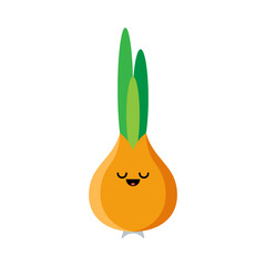 Isolated cartoon yellow onion with green leaves with kawaii face on white background. Colorful friendly onion vegetable. Cute funny personage. Flat design. For children product.