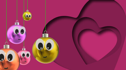 Naklejka premium 3D illustration. Holiday living Christmas Ball Ornaments. Festive banner. Group, set of cheerful decoration with an expression of joy. Funny faces with smiles. Hearts background.
