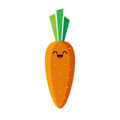 Isolated cartoon orange carrot with kawaii face on white background. Colorful friendly carrot vegetable. Cute funny personage. Flat design. For children product.