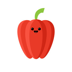 Isolated cartoon red paprika with kawaii face on white background. Colorful friendly sweet bell pepper vegetable. Cute funny personage. Flat design. For children product.