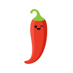 Isolated cartoon red chili pepper with kawaii face on white background. Colorful friendly hot chilli vegetable. Cute funny personage. Flat design. For children product.