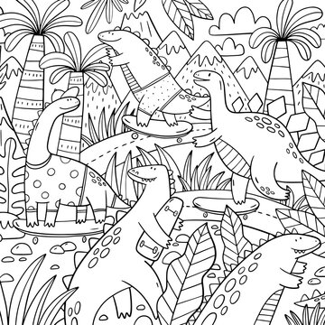 Dinosaur Big coloring page. Big Hand drawn coloring poster with cute dinosaur on a skateboard  for children.