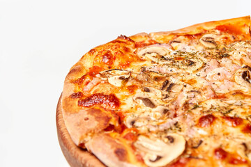 Fresh pizza with bacon, mushrooms and cheese on a light background. Close-up, selective focus