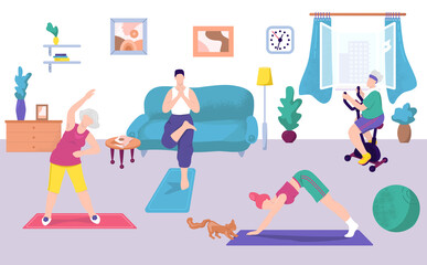 Fitness exercise at home, vector illustration. Family people at healthy sport training, woman man character workout activity lifestyle. Happy active girl child and mother do yoga together.