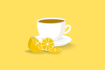 cute cartoon white tea cup with lemon tea with saucer and lemon slices isolated on colourful background vector illustration. 
