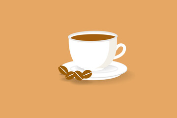 cute bubbly cartoon white coffee cup with coffee and saucer decorated with coffee beans isolated on orange background vector for café backgrounds, menu covers, printing illustration. 
