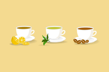 set of cute cartoon cups with green tea and coffee isolated on colorful background with saucers and lemon slices, green tea leaves and coffee beans illustration. 
